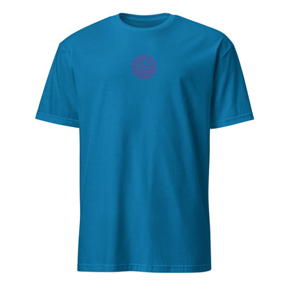 Light blue short-sleeve T-shirt with small circular swirl logo on front