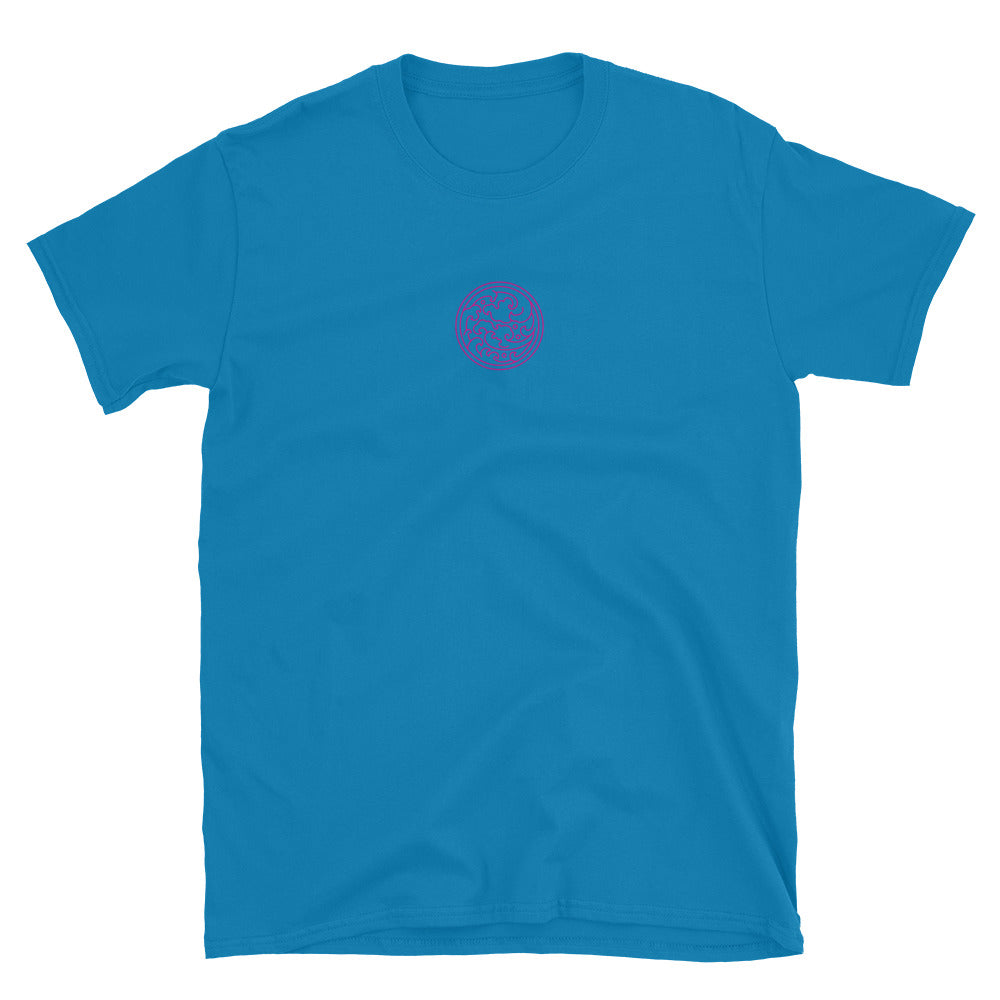 Light blue short-sleeve T-shirt, front small pink swirl logo near chest