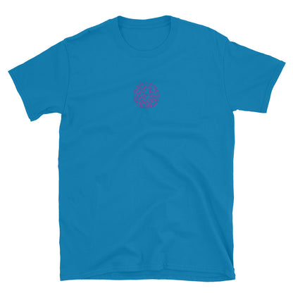 Light blue short-sleeve T-shirt, front small pink swirl logo near chest