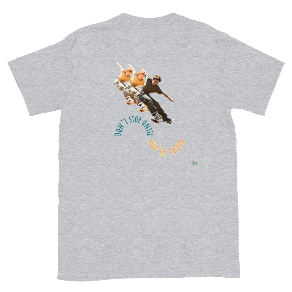 Sport grey short-sleeve T-shirt, back skateboard boy graphic with circular slogan.