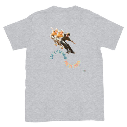 Sport grey short-sleeve T-shirt, back skateboard boy graphic with circular slogan.