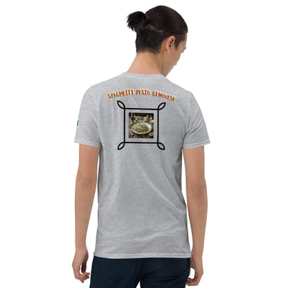 Sport Grey unisex T-Shirt, back graphic with framed food photo and title text