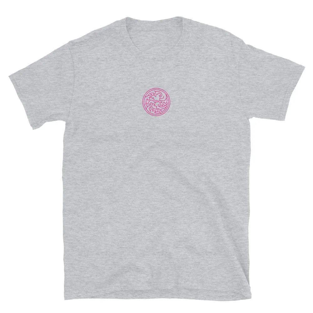 Sport grey short-sleeve T-shirt, front small pink brain logo.