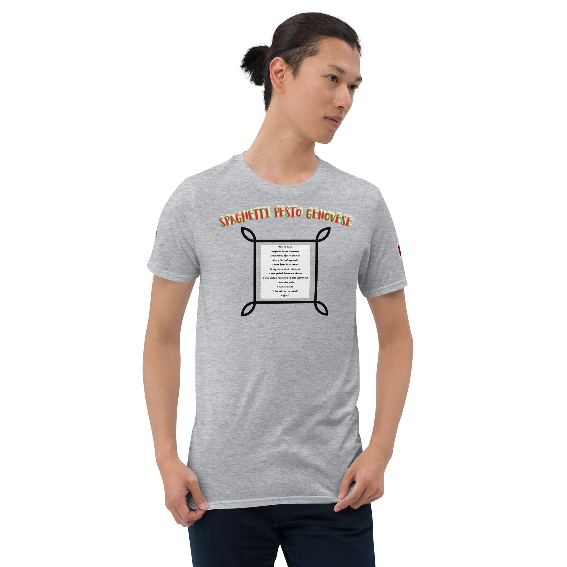 Unisex T-Shirt in Sport Grey, front Spaghetti Pesto Genovese graphic