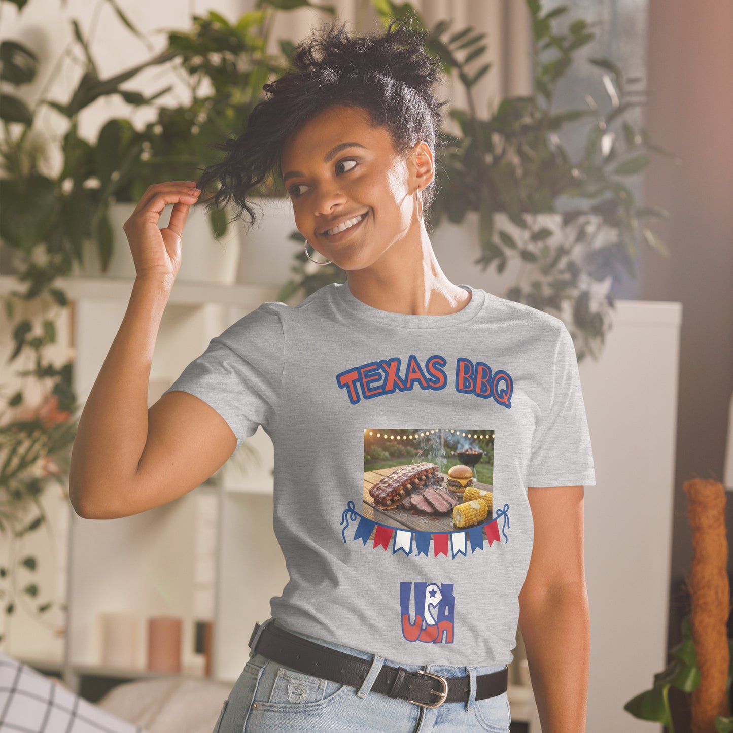 Unisex T-shirt, sport grey; “TEXAS BBQ” print with BBQ grill and meat graphic.