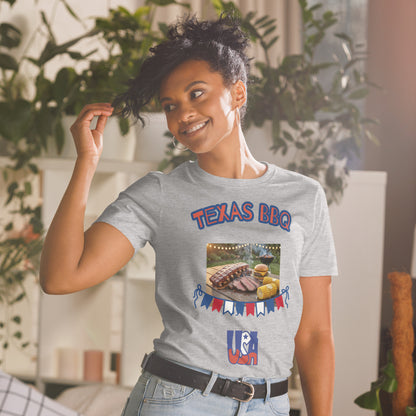 Unisex T-shirt, sport grey; “TEXAS BBQ” print with BBQ grill and meat graphic.