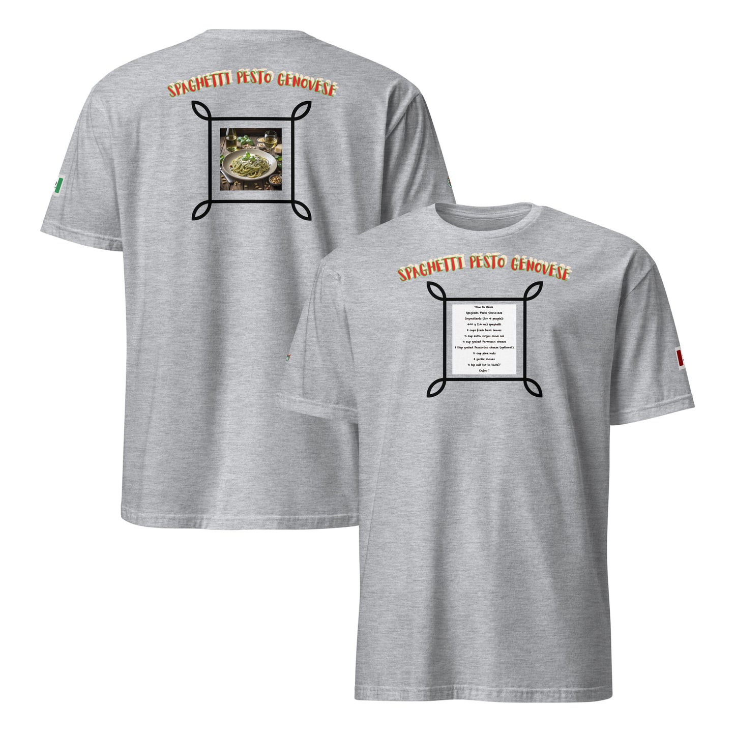 Unisex-T-Shirt Sport Grey mit Spaghetti-Pesto-Genovese-Print, Vorder- und Rückansicht