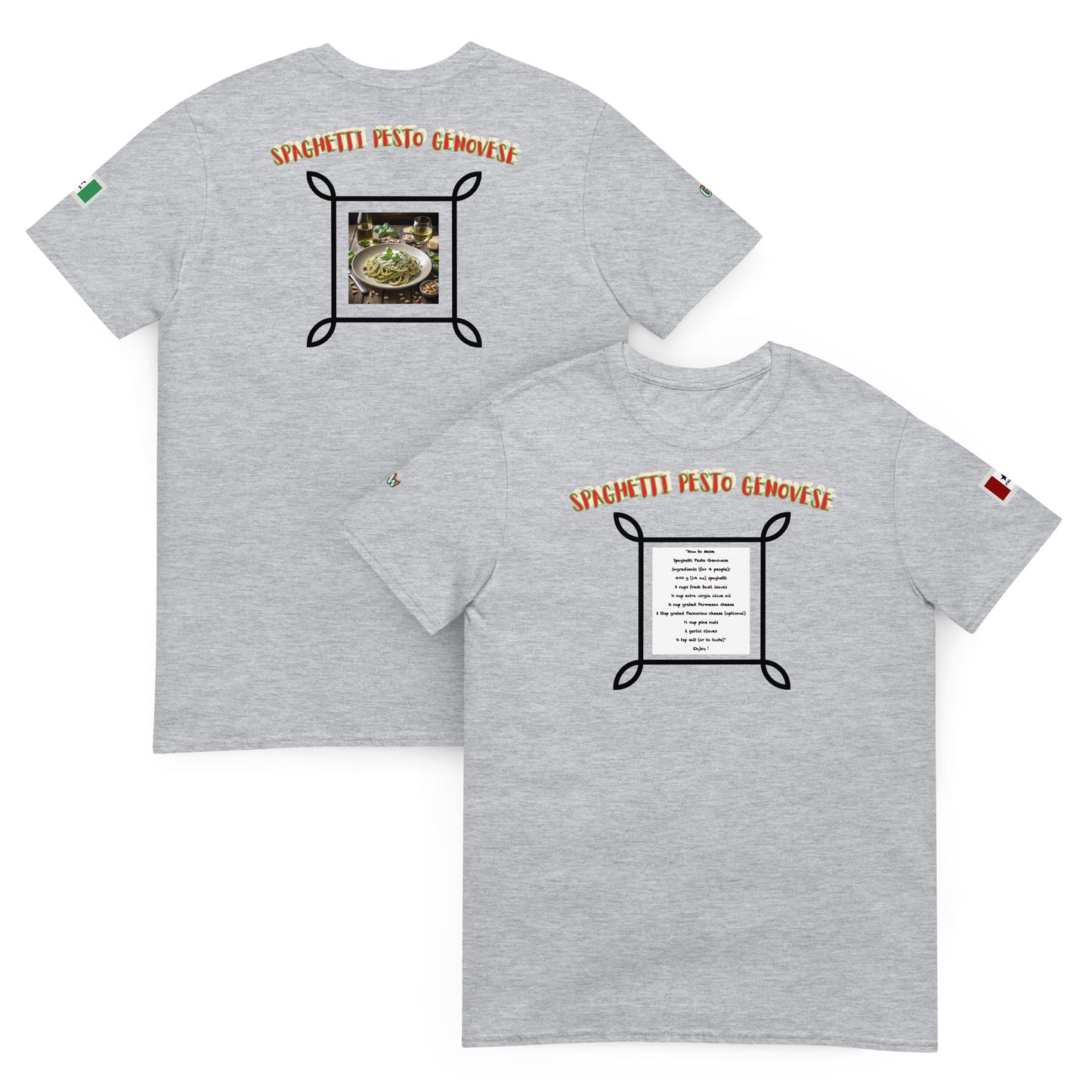 Grau meliertes Unisex-T-Shirt mit Spaghetti-Pesto-Genovese-Print auf Vorder- und Rückseite