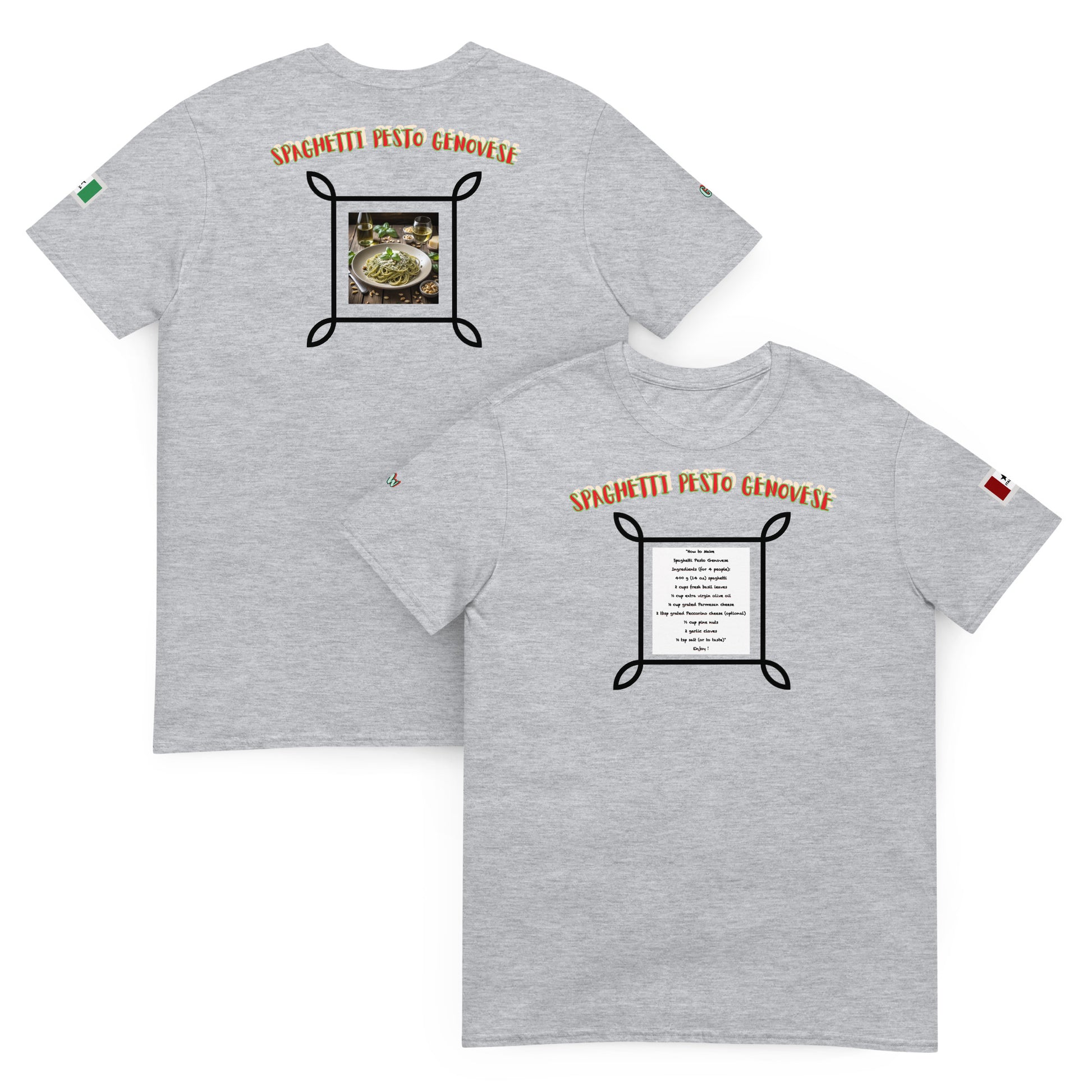 Grau meliertes Unisex-T-Shirt mit Spaghetti-Pesto-Genovese-Print auf Vorder- und Rückseite