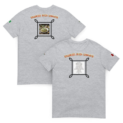 Grau meliertes Unisex-T-Shirt mit Spaghetti-Pesto-Genovese-Print auf Vorder- und Rückseite