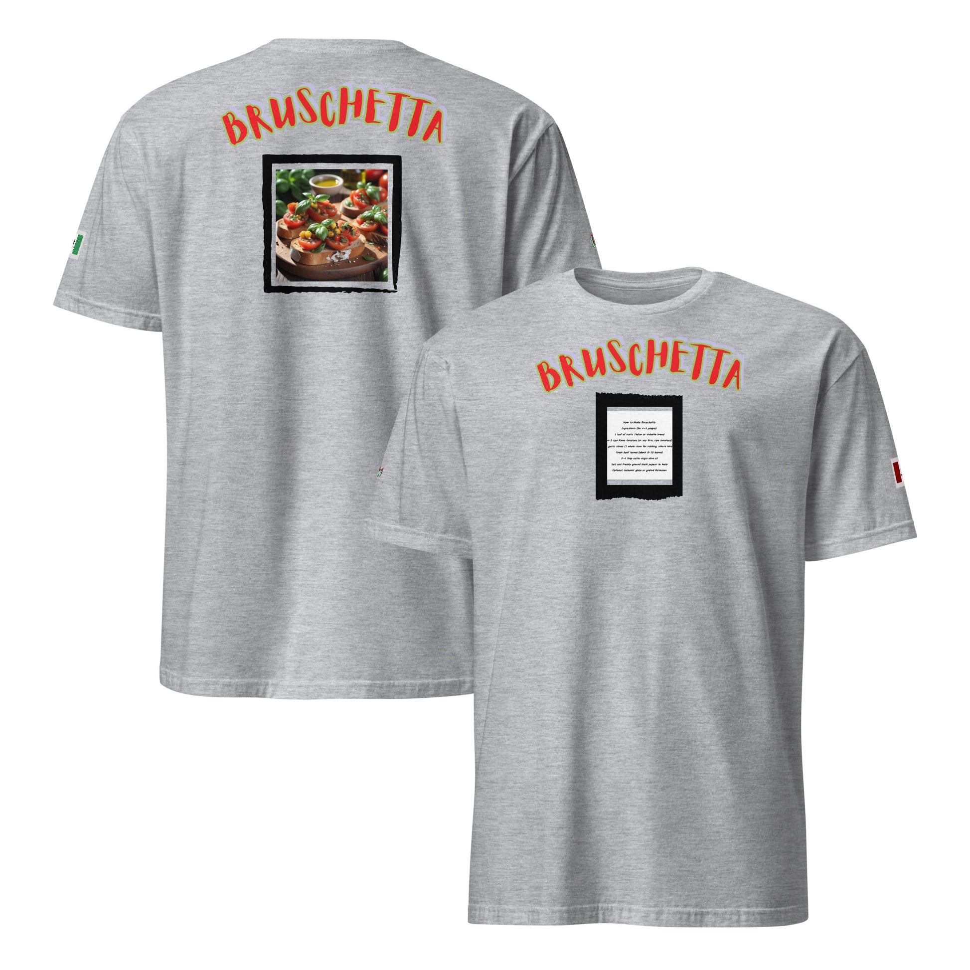 Sport grey unisex T-shirt set: back and front “BRUSCHETTA” with recipe square print