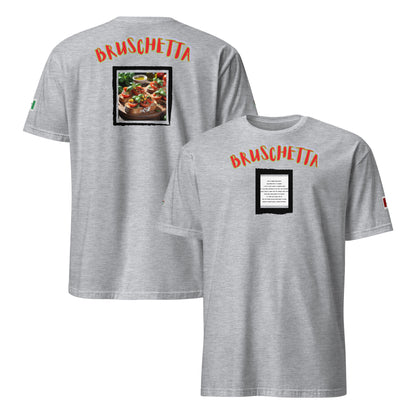 Sport grey unisex T-shirt set: back and front “BRUSCHETTA” with recipe square print