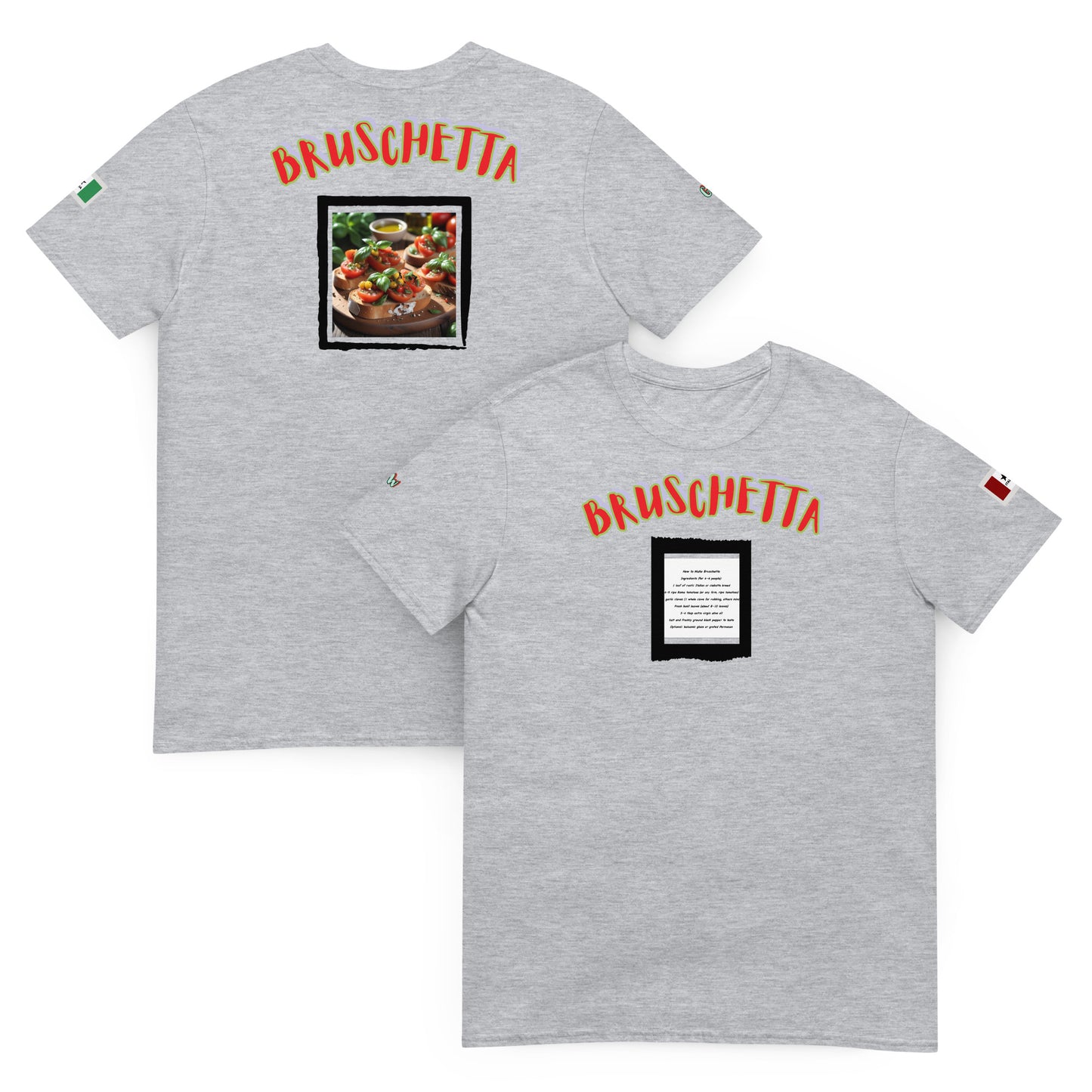 Sport grey unisex T-shirt set with “BRUSCHETTA” text and recipe image square print