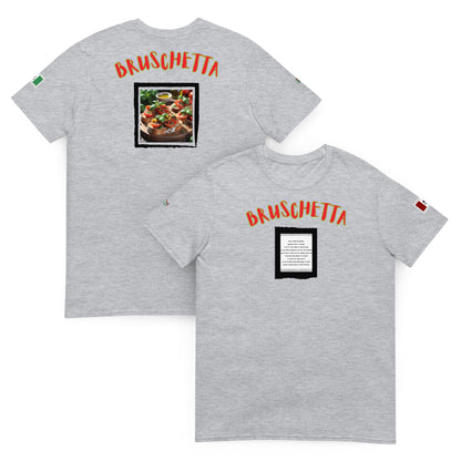 Sport grey unisex T-shirt set with “BRUSCHETTA” text and recipe image square print