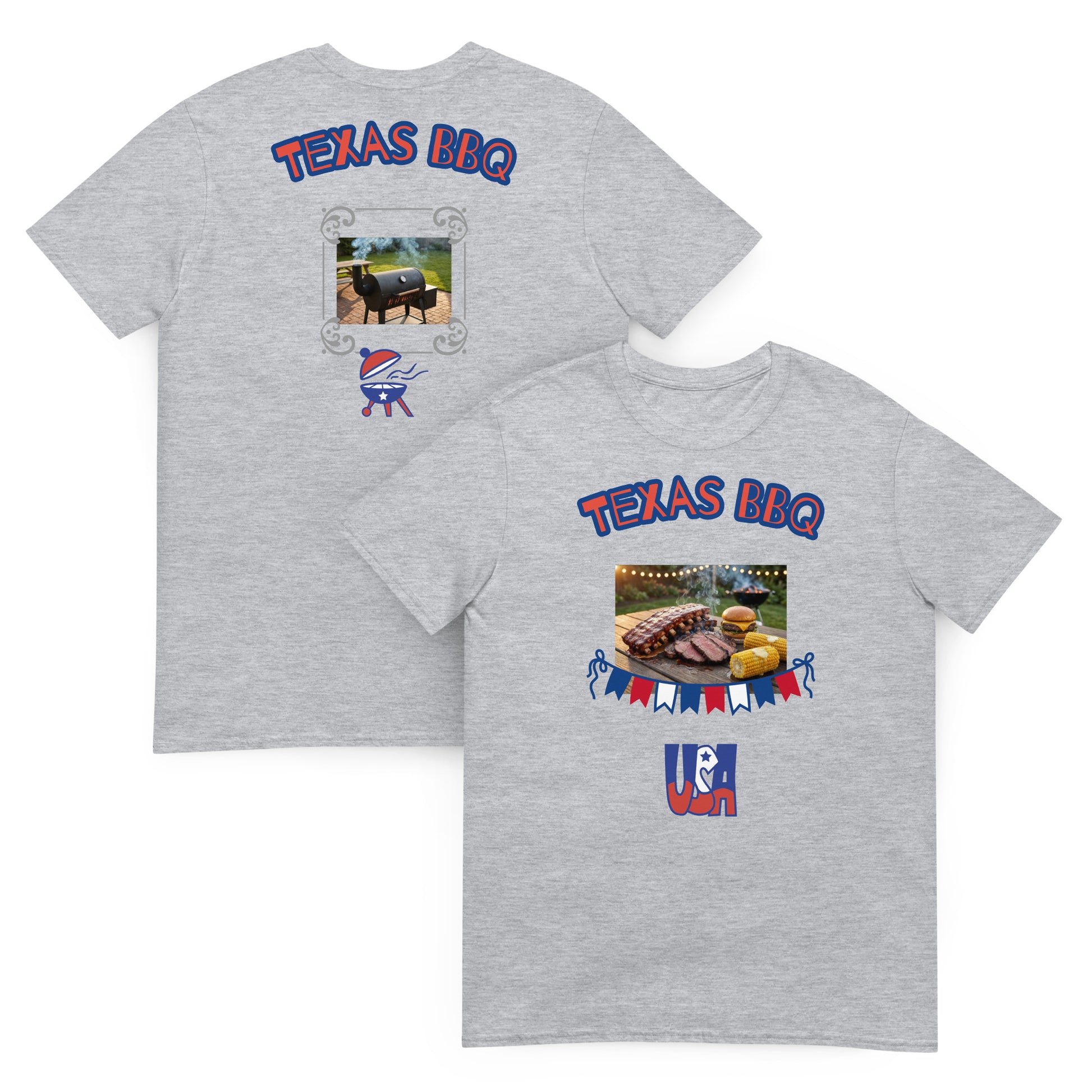 Sport Grey unisex T-shirt with back grill scene and front “Texas BBQ”