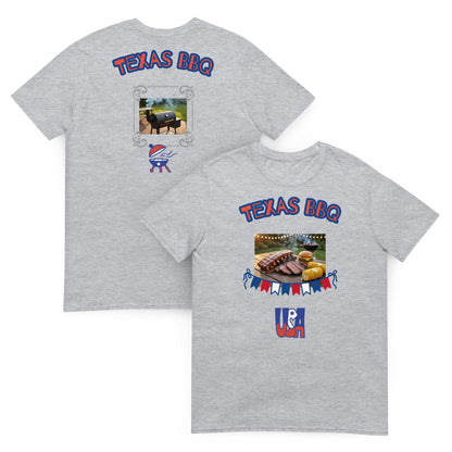 Sport Grey unisex T-shirt with back grill scene and front “Texas BBQ”