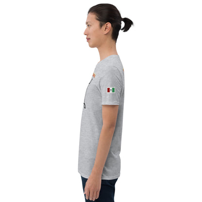 Sport Grey unisex T-Shirt, sleeve side view with small flag patch