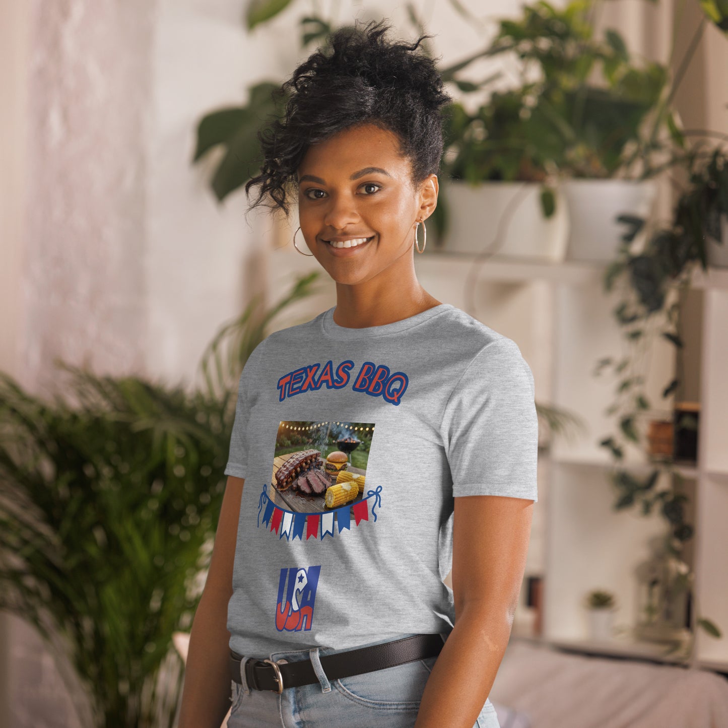 Unisex T-shirt in sport grey with “TEXAS BBQ” logo and BBQ platter artwork on chest.