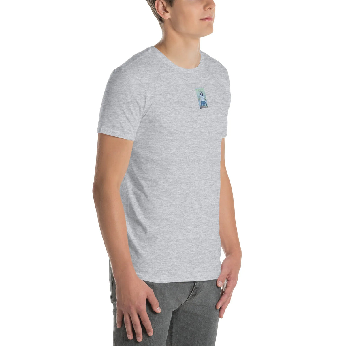VHS#2 Unisex T-Shirt in Sport Grey – Seitenansicht rechts / Vorderansicht