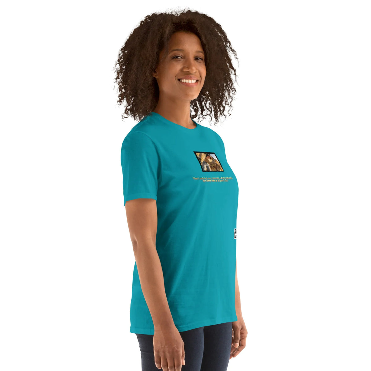 Retropet#1 Unisex T-Shirt in Tropical Blue – Seitenansicht rechts Detail