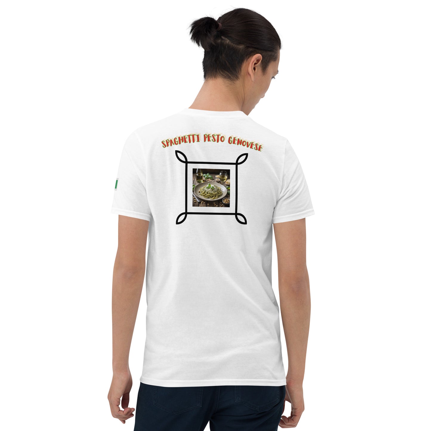 Weißes unisex T-Shirt Rückansicht mit großem Backprint und Foto im Rahmen