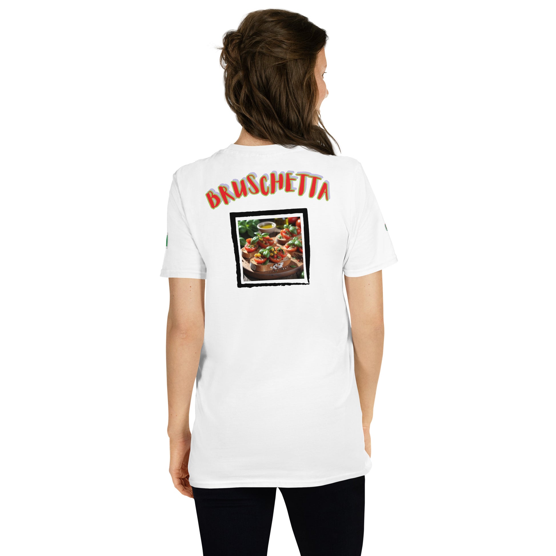 Soulfood#2 Unisex T-Shirt (White), Rückansicht mit „BRUSCHETTA“-Print