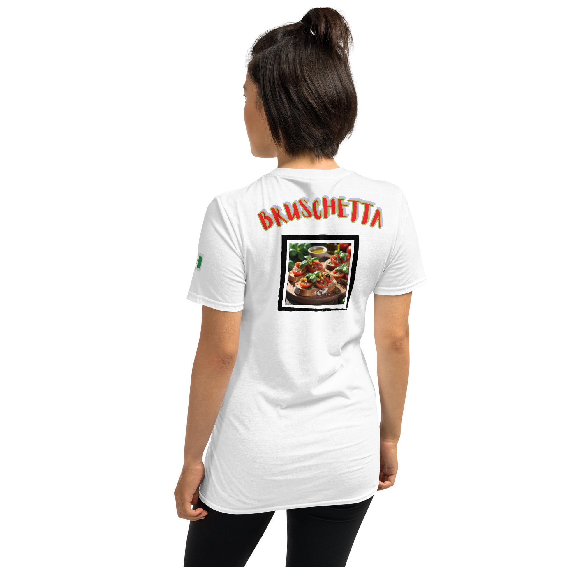 White unisex T-shirt with back “BRUSCHETTA” graphic panel and small sleeve logo