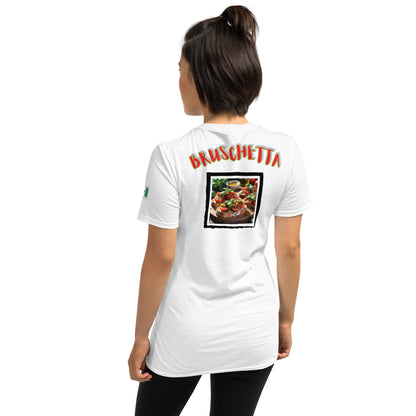 White unisex T-shirt with back “BRUSCHETTA” graphic panel and small sleeve logo