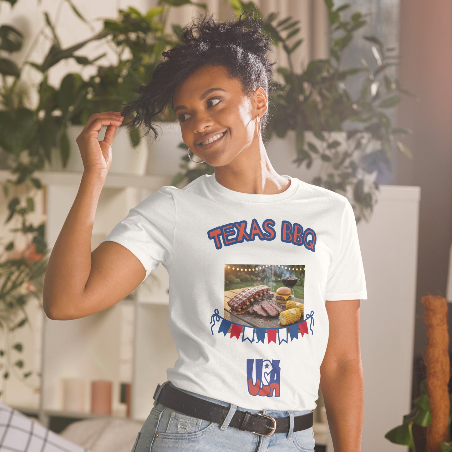Unisex T-shirt, white; “TEXAS BBQ” front print with BBQ grill scene and food image.