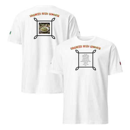 Weißes Unisex-T-Shirt mit Spaghetti-Pesto-Genovese-Print auf Vorder- und Rückseite