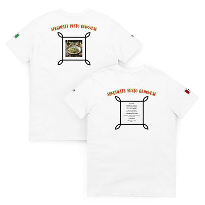 Unisex-T-Shirt in Weiß mit Spaghetti-Pesto-Genovese-Grafik auf Vorder- und Rückseite