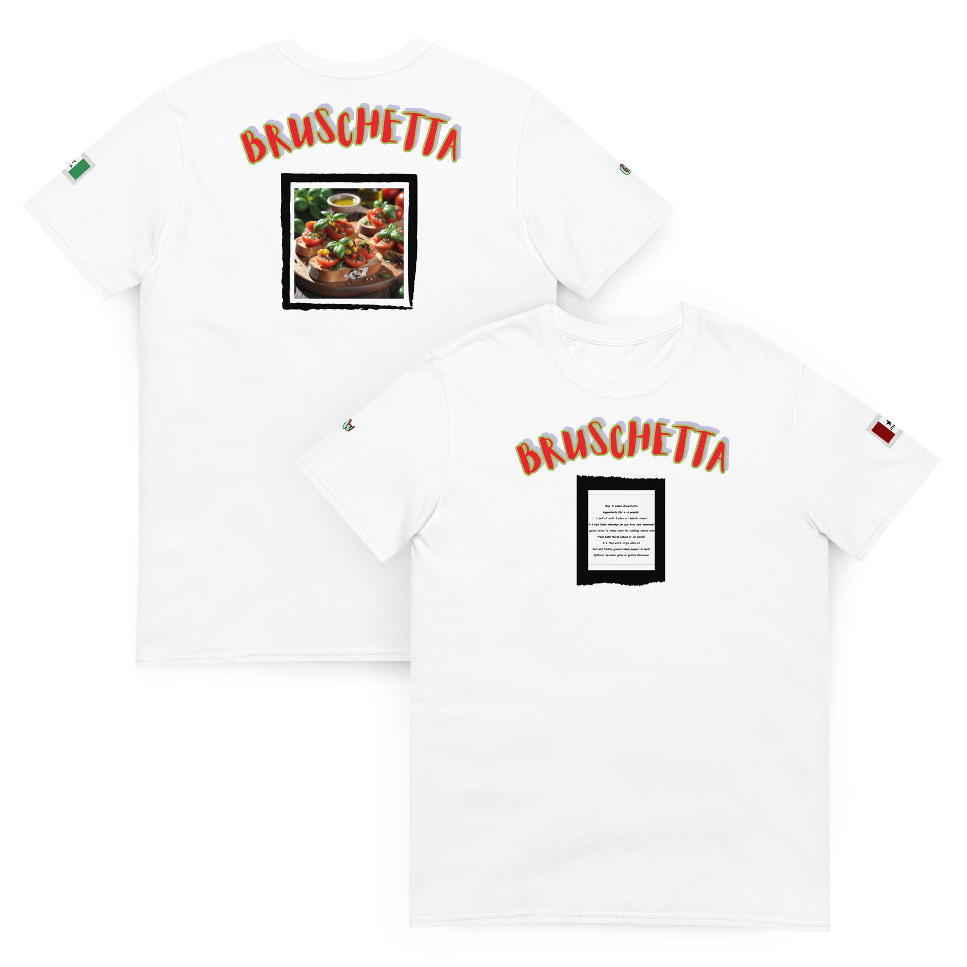 Soulfood#2 Unisex T-Shirt (weiß) mit „BRUSCHETTA“-Print und Bildmotiv vorn