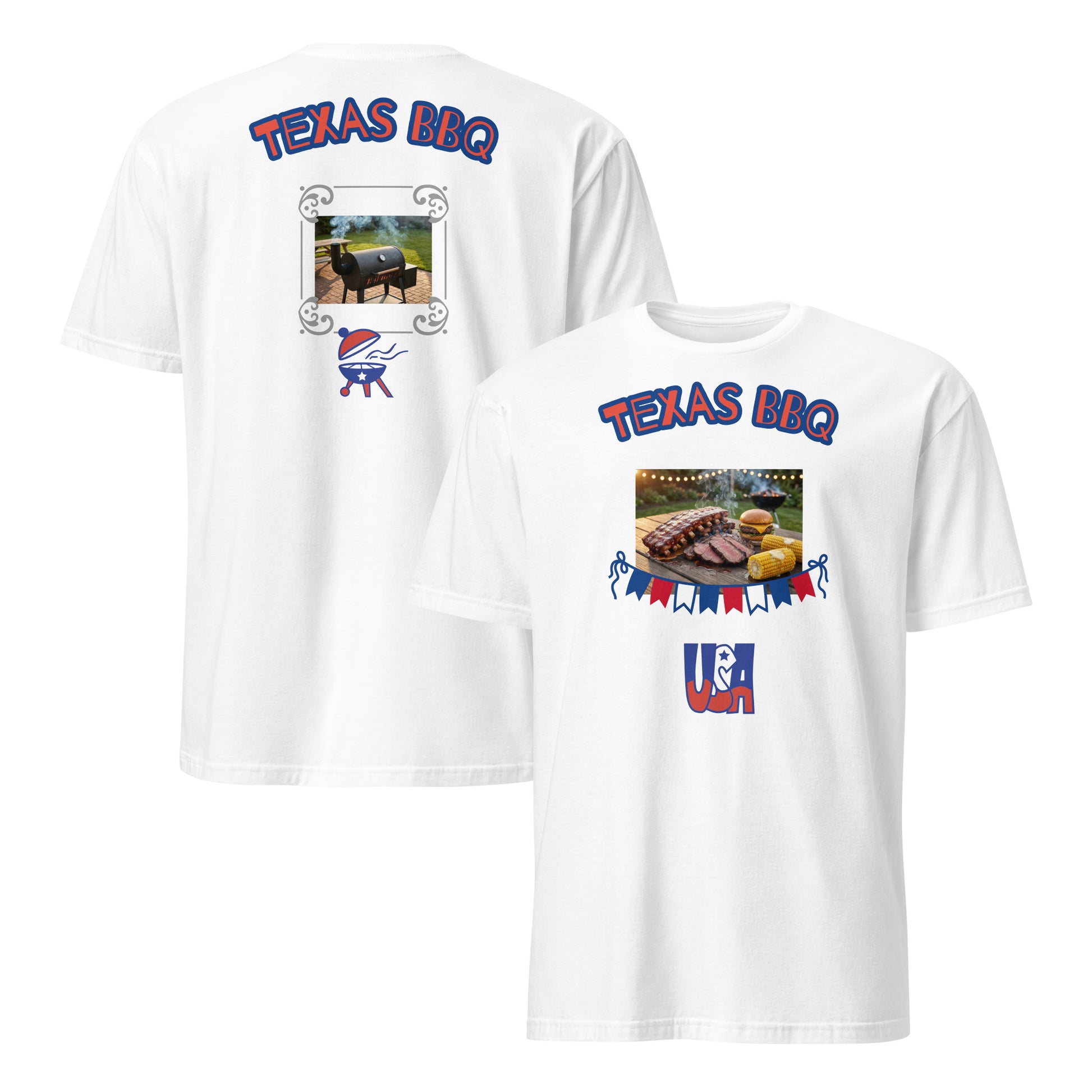 Unisex T-shirt (White) with “Texas BBQ” barbecue graphic on chest