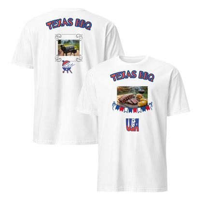 Unisex T-shirt (White) with “Texas BBQ” barbecue graphic on chest