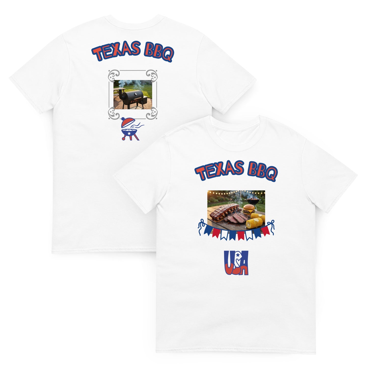 Soulfood#3 unisex T-shirt, white; “TEXAS BBQ” front graphic, two views shown.