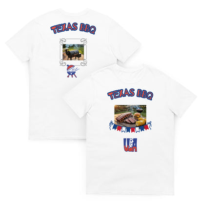 Soulfood#3 unisex T-shirt, white; “TEXAS BBQ” front graphic, two views shown.