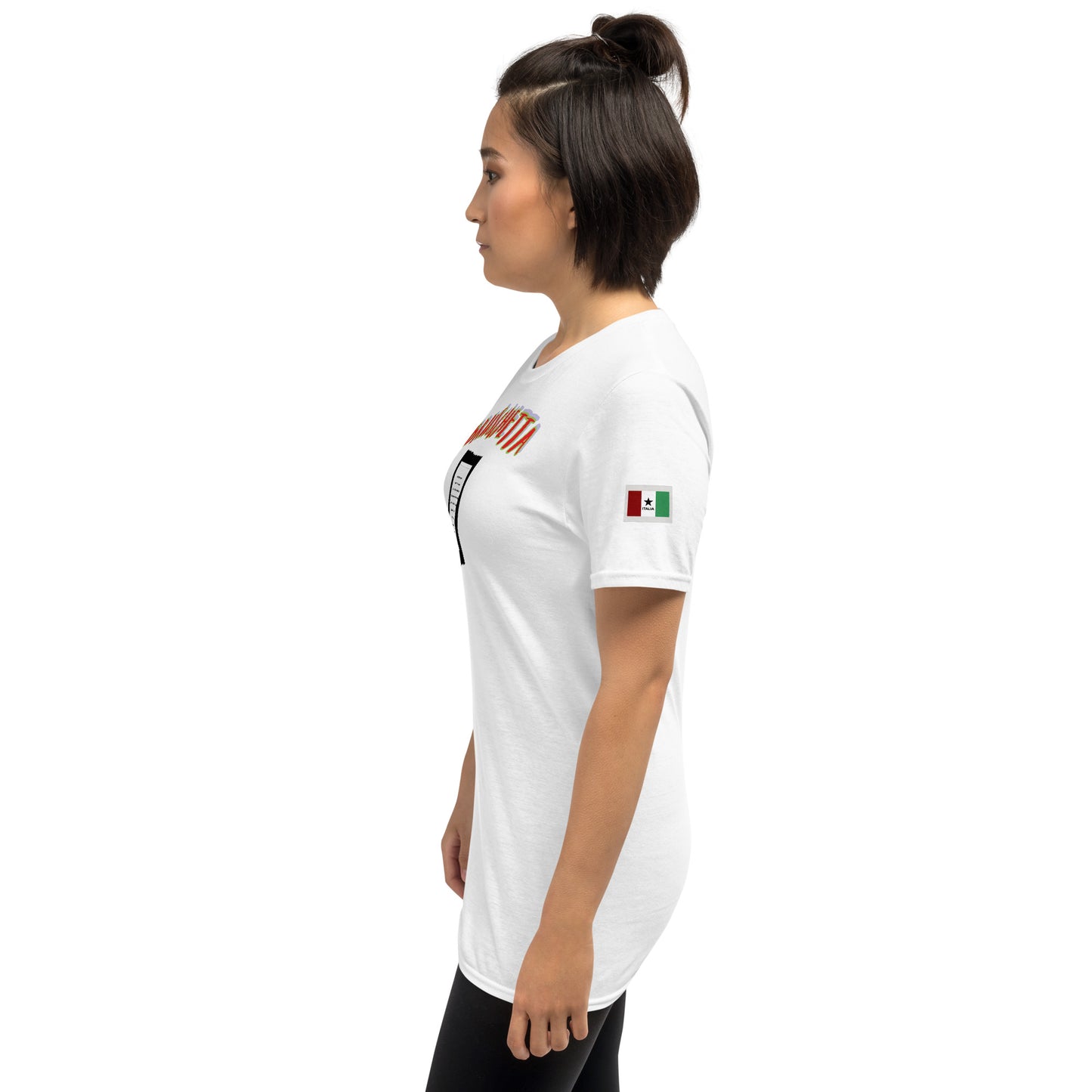 White unisex T-shirt, side view, “BRUSCHETTA” print near shoulder and sleeve flag