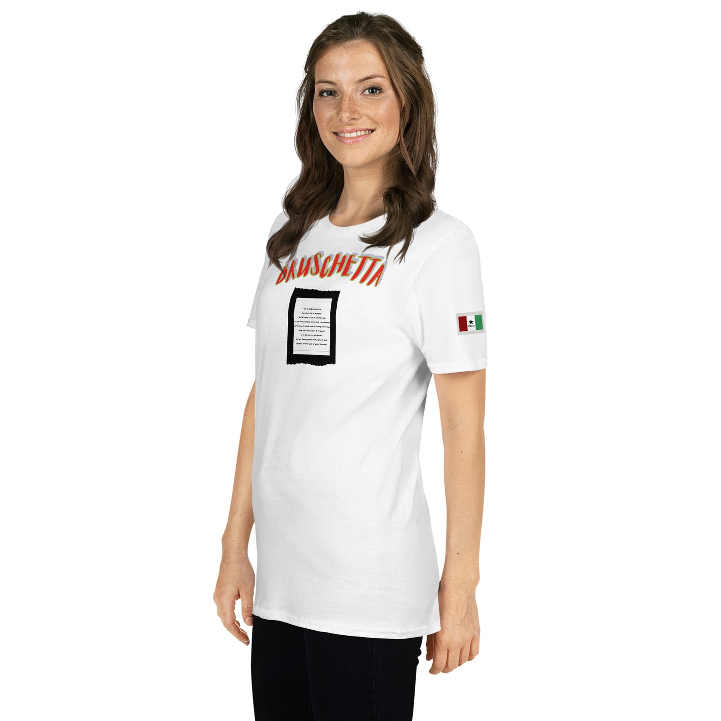 Soulfood#2 Unisex T-Shirt (weiß) mit „BRUSCHETTA“ und schwarzem Textfeld vorn