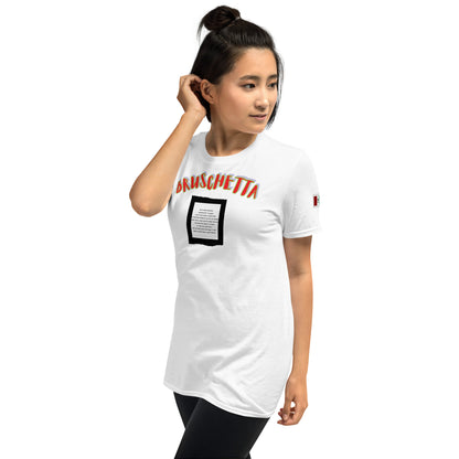 White unisex T-shirt with colorful “BRUSCHETTA” front graphic and black label