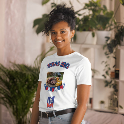 Unisex T-shirt white with “TEXAS BBQ” text logo and BBQ platter graphic on chest.