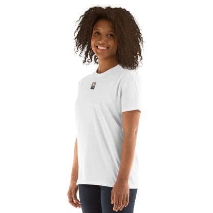 DISCO#1 Unisex T-Shirt in Weiß – Seitenansicht links Detail