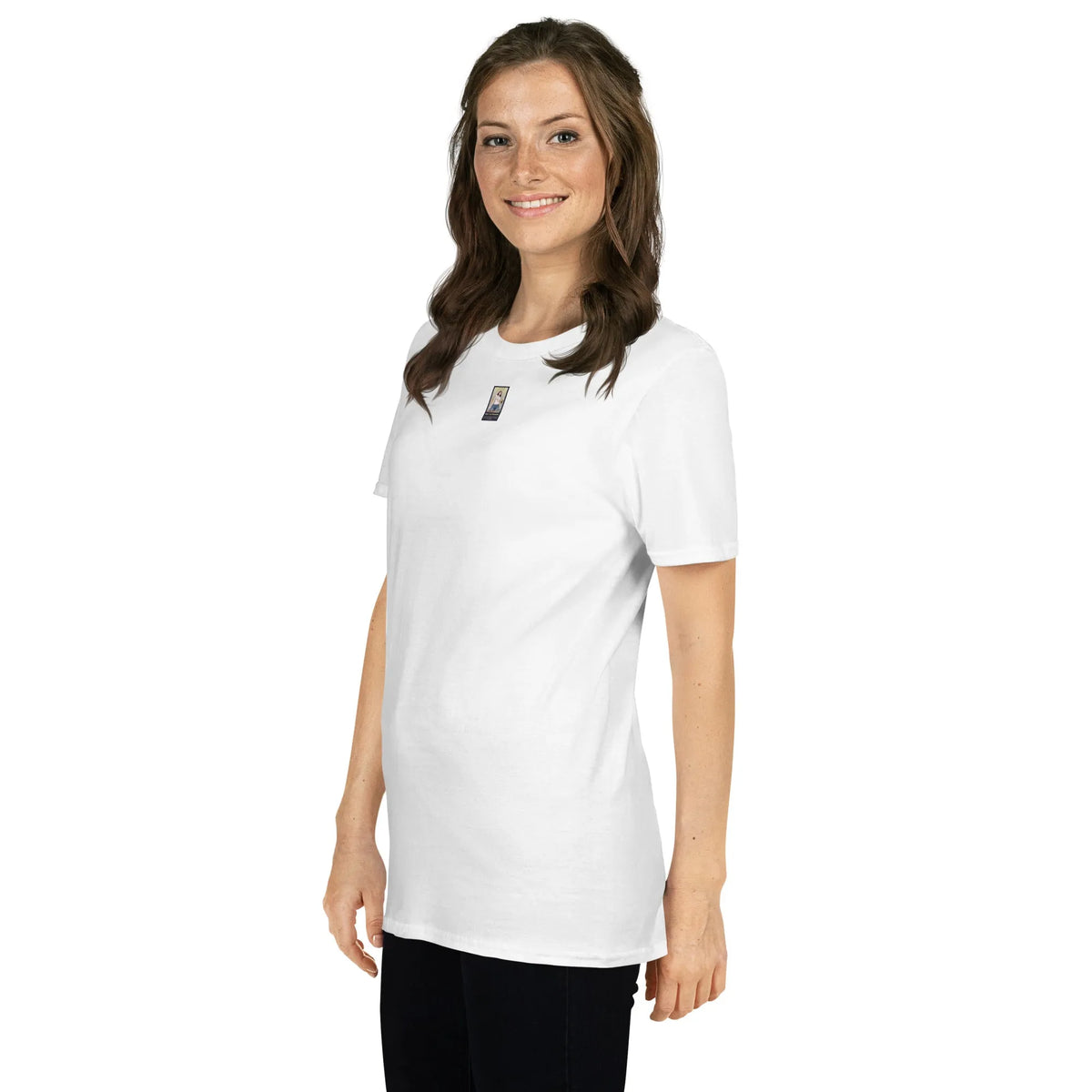 SBG#1 White Edition Unisex T-Shirt in Weiß – Seitenansicht links Detail