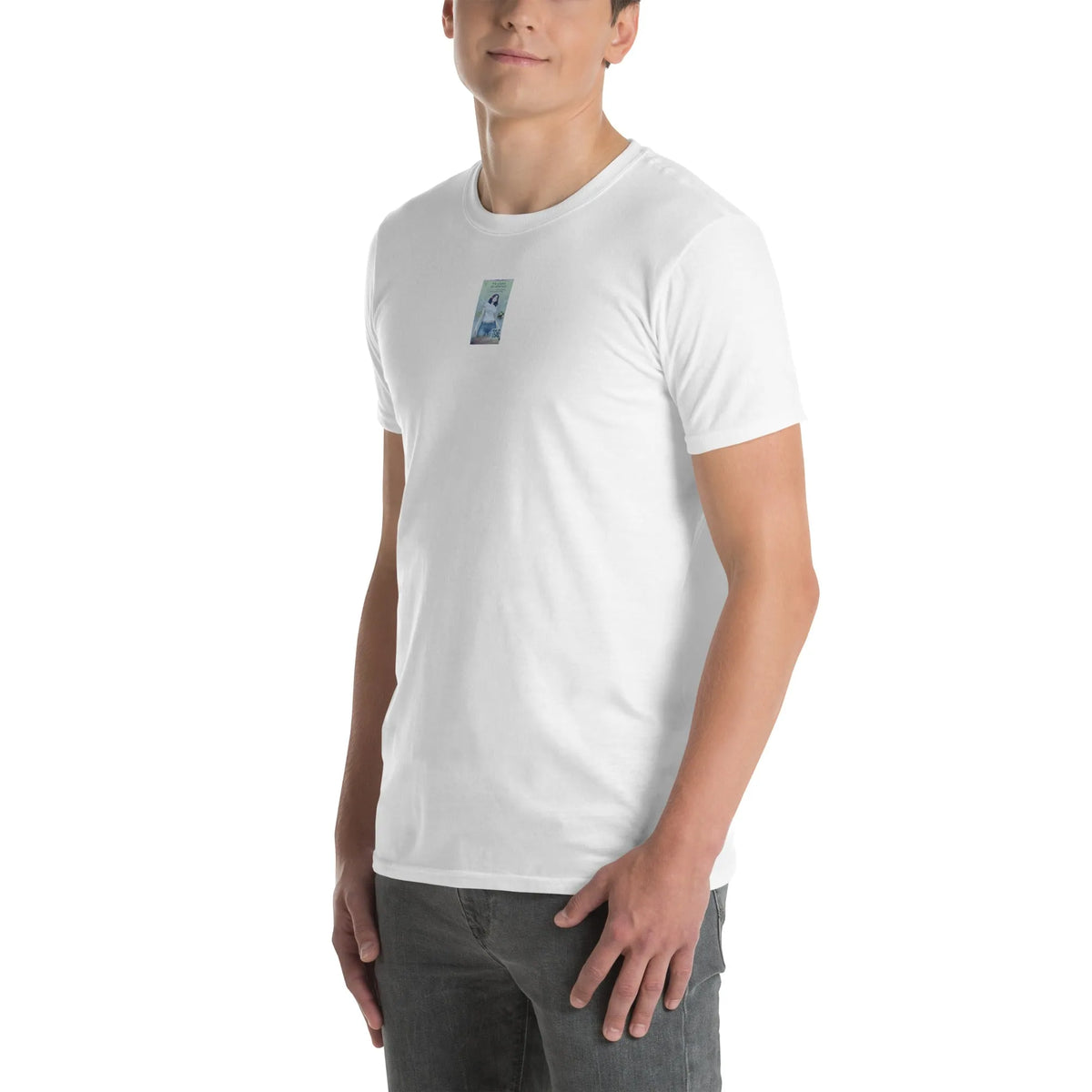 VHS#2 Unisex T-Shirt in Weiß – Seitenansicht links / Vorderansicht