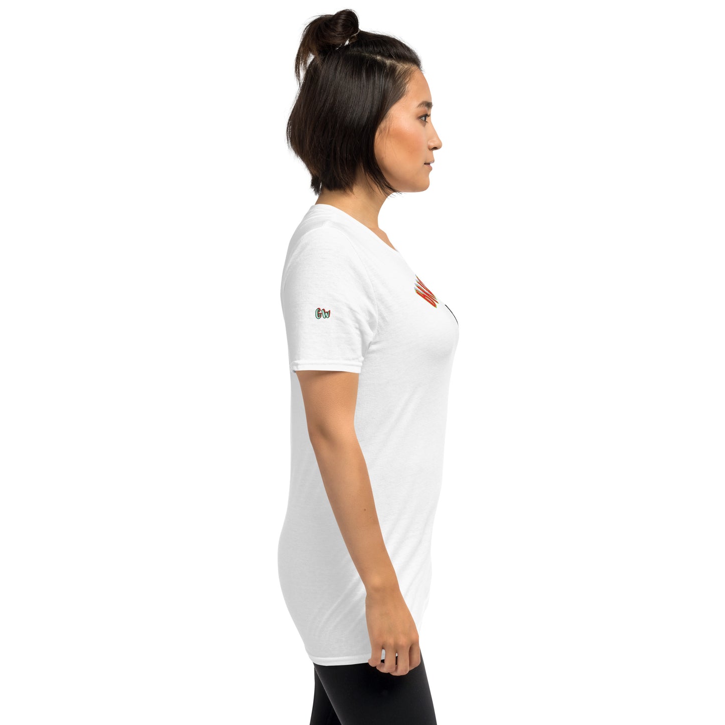White unisex T-shirt in profile view with small flag logo on the sleeve