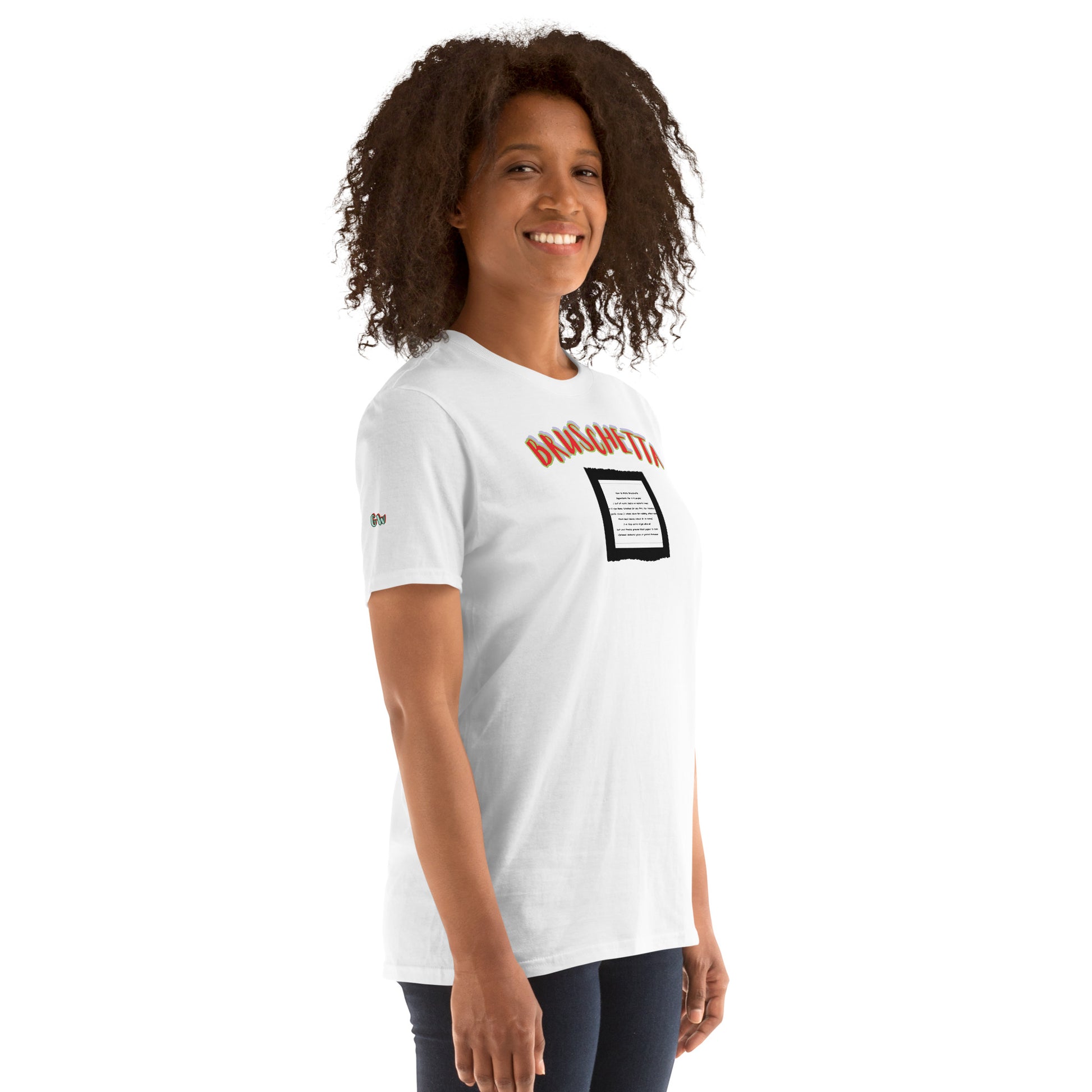 Soulfood#2 Unisex T-Shirt (weiß) mit „BRUSCHETTA“-Print auf der Vorderseite