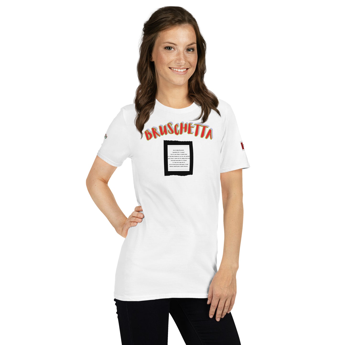 Soulfood#2 Unisex T-Shirt (weiß) Frontansicht mit „BRUSCHETTA“ und Textfeld