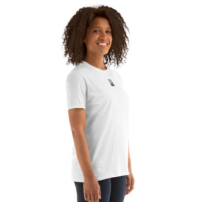 DISCO#1 Unisex T-Shirt in Weiß – Seitenansicht rechts Detail