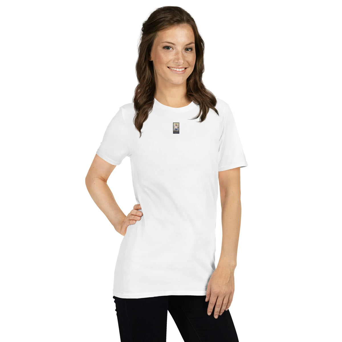 SBG#1 White Edition Unisex T-Shirt in Weiß – Seitenansicht rechts Detail