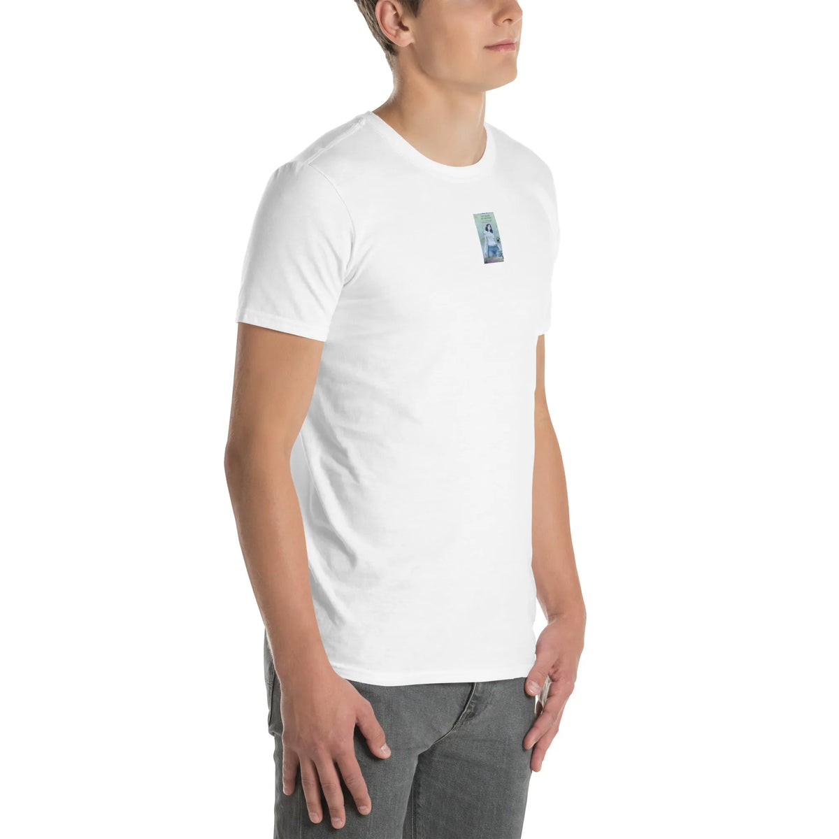 VHS#2 Unisex T-Shirt in Weiß – Seitenansicht rechts / Vorderansicht