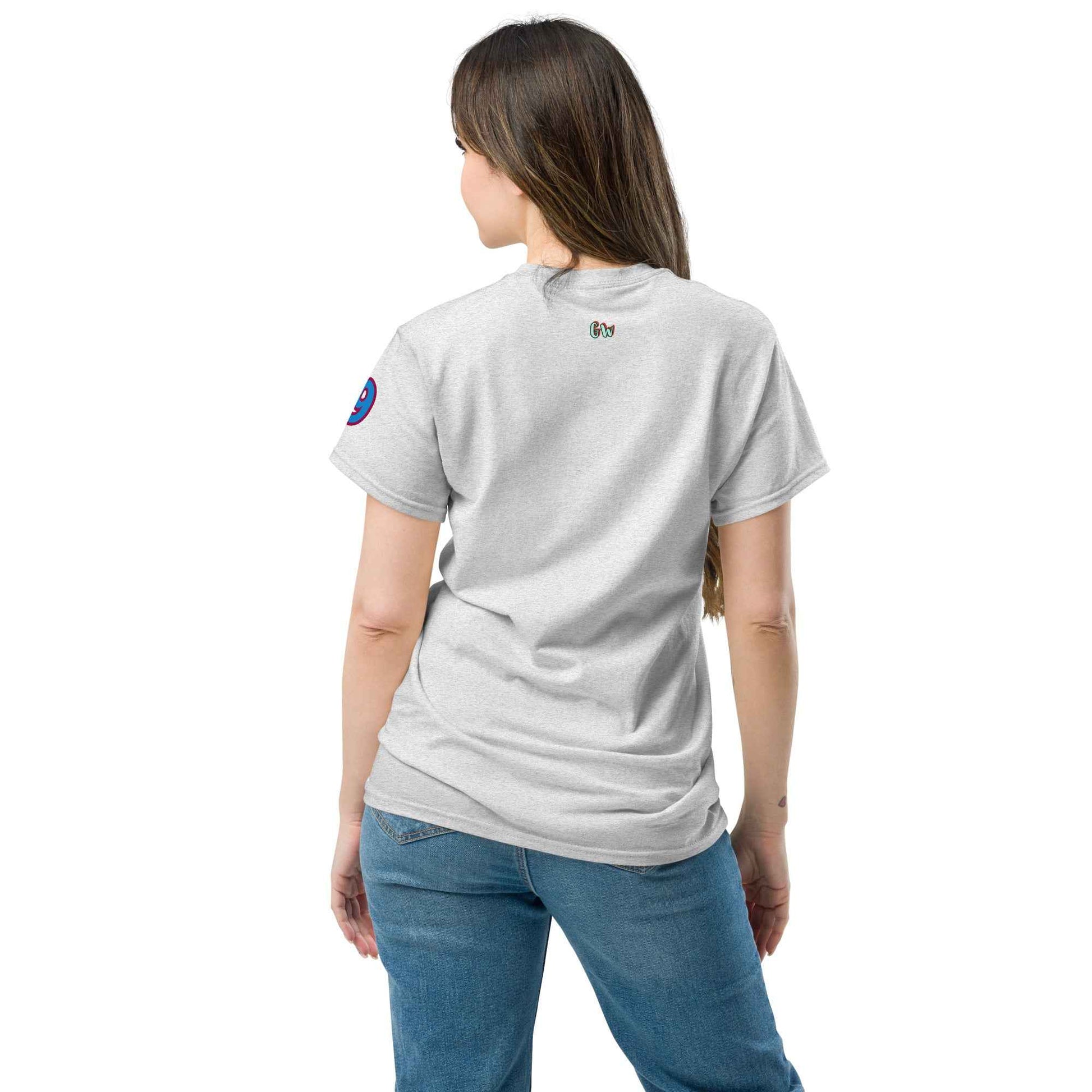 Unisex classic tee in Ash Grey, back view with small chest logo